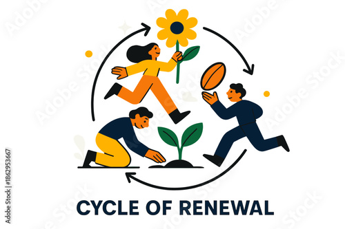 Cycle of Renewal. Seeds ? Seasonal Cycle. Circular composition of sprout > flower > seed; small arrows trace time?s rhythm. Tag ?cycle of renewal?. Modern flat