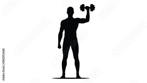 Silhouette of a muscular man lifting dumbbells in a fitness exercise
