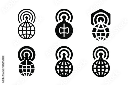 Mass Communication Icons. Mass communication theory. Icon set. Set Logo of mass communication theory: radio tower emitting global signals. harmonious logo