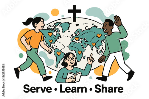 Global Mission Map. Global Mission Map. A gentle cross icon sits above a world map with dotted flight paths; small hearts mark partner communities. Text reads