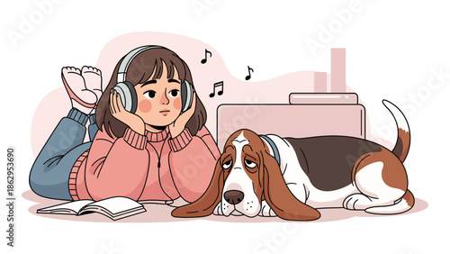 A girl relaxing with her pet dog while listening to music at home