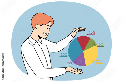 Man corporate analyst looks at diagram and smiles, seeing great diversification of business. Analyst guy carried out statistical research is satisfied with results and achievements of company