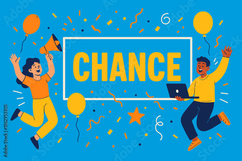 Vibrant Chance Banner. Chance banner, flat vector illustration, bold oversized text inside rectangular frame, cartoon characters jumping and waving while