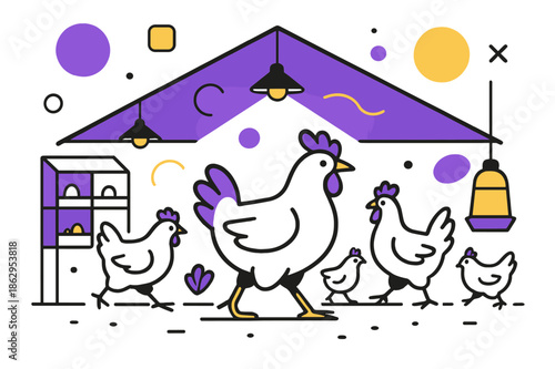 Geometric Poultry Farm. Poultry Farm. Wide view of poultry house with chickens walking under soft light and floating abstract geometric shapes, clean and
