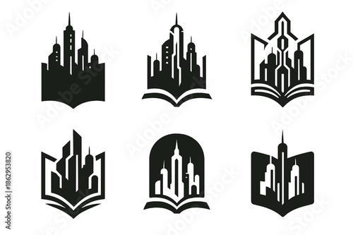 Sci-Fi Book Logos. Science fiction books. Icon set. Set Logo of sci-fi books: futuristic city skyline within book. harmonious logo variations of the same