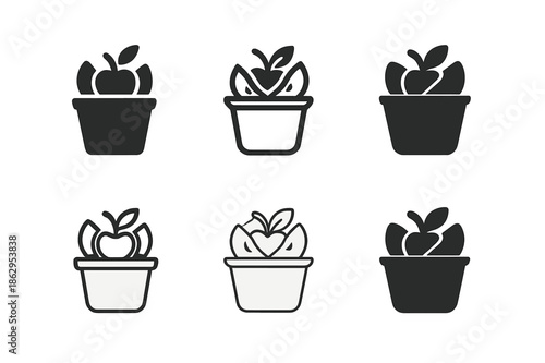 Apple Snack Logo Variations. Preparing school lunch. Icon set. Set Logo of preparing school lunch: apple slices in snack cup. harmonious logo variations of the