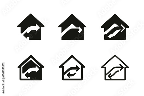 Attic Ventilation Logos. Attic ventilation. Set Logo of Attic ventilation: soffit and ridge airflow arrows. harmonious logo variations of the same emblematic