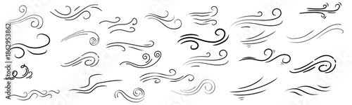 Hand drawn doodle wind motion air blow swirl elements. air blow motion, smoke flow art, abstract line.  vector illustration. 