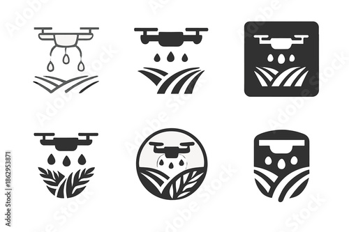 Smart Agriculture Logos. Smart agriculture solutions. Icon set. Set Logo of Smart agriculture solutions: drone spraying crops over field rows. harmonious logo