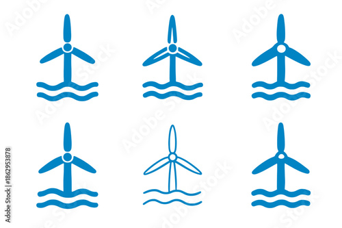 Wind Turbine Icon Set. Innovative solutions for climate change. Icon set. Set Logo of innovative solutions for climate change: offshore wind turbine.