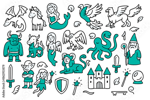 Vibrant Fantasy Creatures. Fantasy creatures. Hand-drawn doodle illustration fantasy creatures dragons, unicorns, mermaids, phoenix, griffin, colored minotaur,