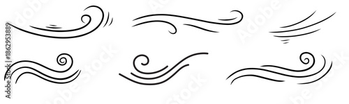 Doodle wind line sketch set. Hand drawn doodle wind motion, air blow, swirl elements. vector illustration.