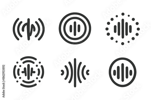 Sound Wave Logos. How sound is made. Icon set. Set Logo of How sound is made: sound wave traveling through air. harmonious logo variations of the