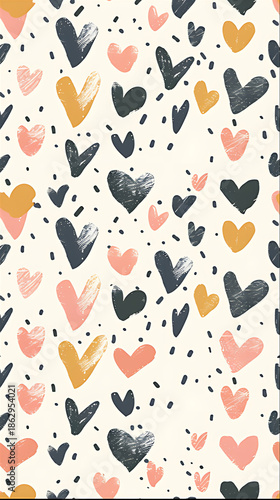 Seamless repeating pattern of minimalist heart icons, small-scale repeat, flat digital design, neutral and muted colour palette, clean vector shapes