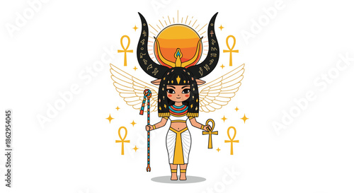 A cute chibi cartoon of the ancient Egyptian goddess Hathor with cow horns, a sun disk, wings, and an ankh symbol of life.