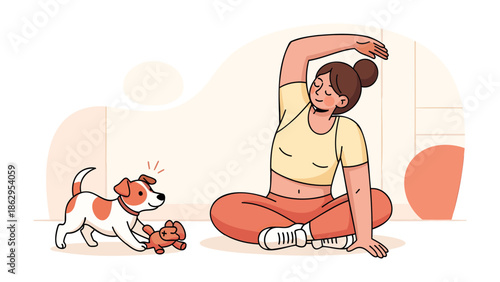 Woman practicing yoga with her dog in a serene indoor setting