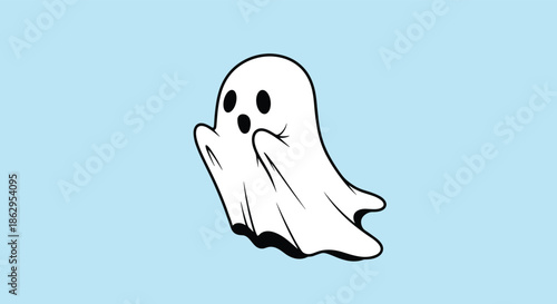 A simple and classic cartoon ghost character floating with a surprised expression, outlined in black on a light blue background.
