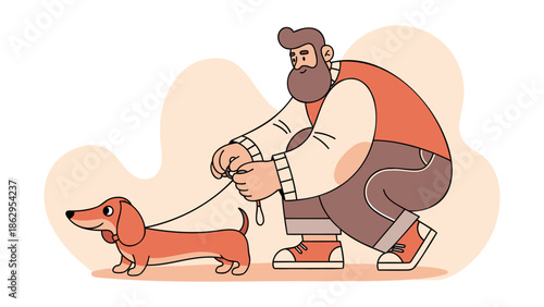 Man walking dog on a leash in a relaxed outdoor environment viewed from the side