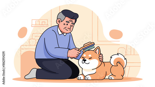 Elderly man gently grooming a dog with a brush in a cozy home environment