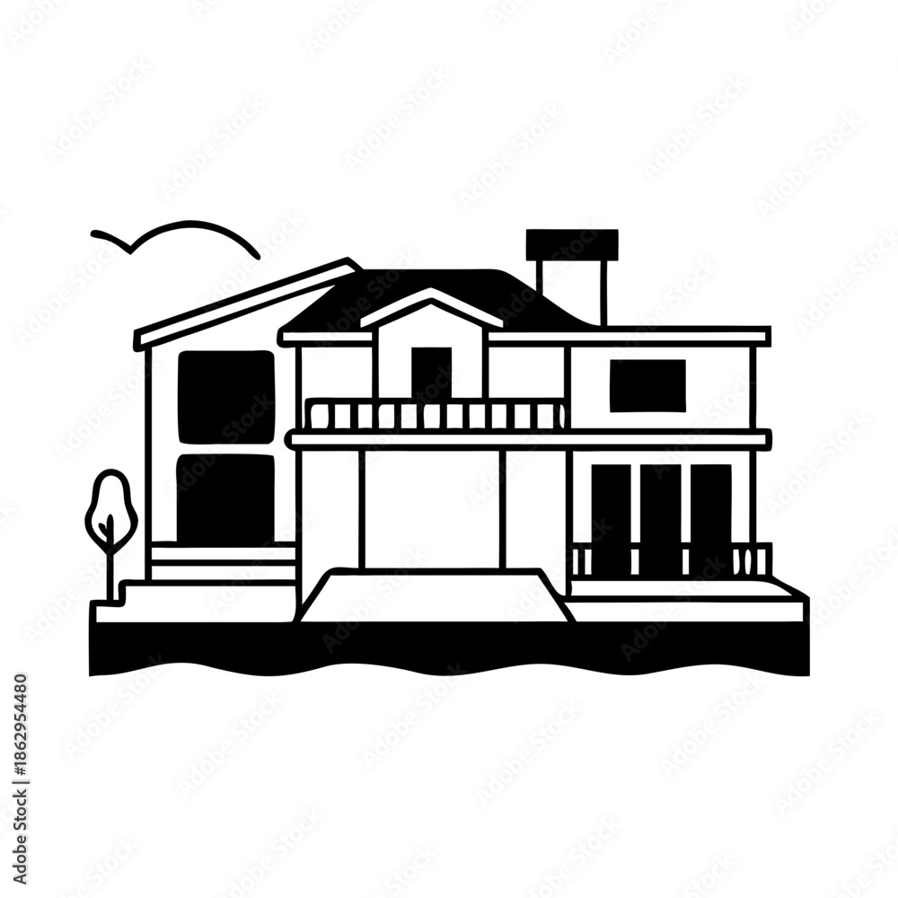 Fototapeta premium Classic Luxury Villa Illustration Line Art