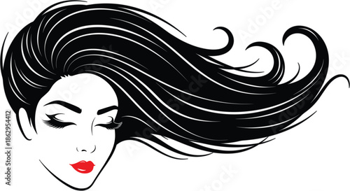 Stylized woman face, long black hair, closed eyes, red lips, elegant beauty, fashion art, graceful flow, flat vector illustration