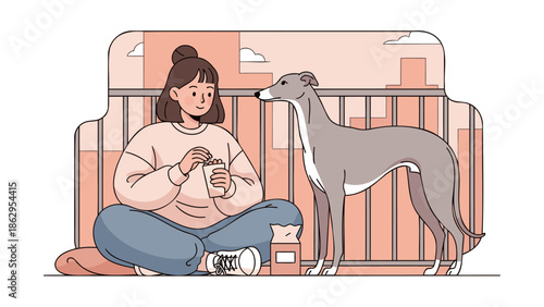 Woman sitting on floor with dog in a cozy home environment