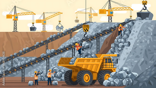Large-scale industrial mining operation illustrating mineral extraction, heavy machinery, and workers processing raw materials in an open-pit quarry with conveyor belts