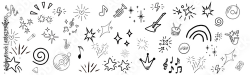 Music star doodle icon set. Hand drawn music sketch icons. Vector illustration 