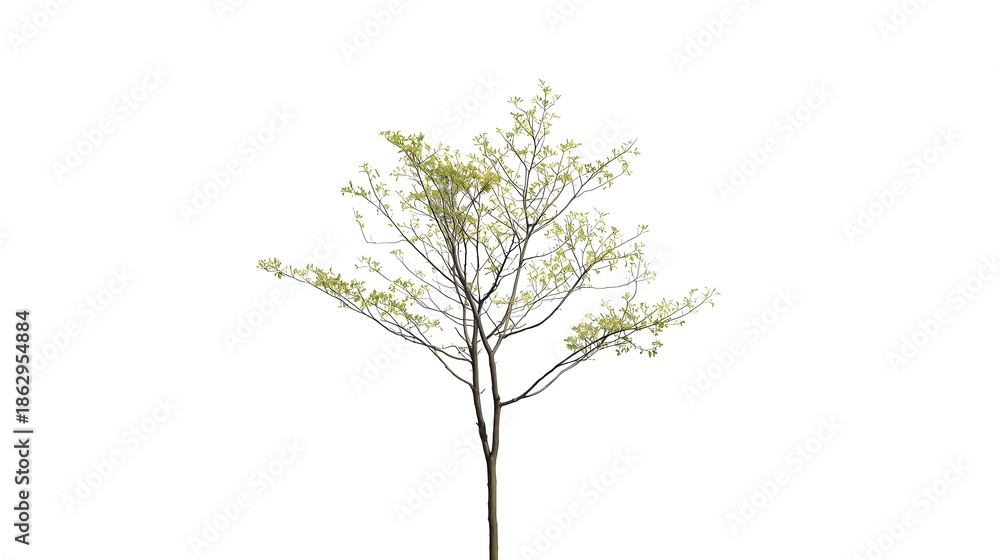 Fototapeta premium A single green tree with lush foliage and a tall trunk is isolated on a white background to represent natural growth and spring life