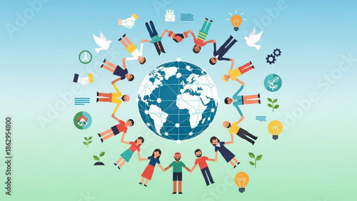 Diverse People Holding Hands Around Globe Symbolizing Unity and Globalization