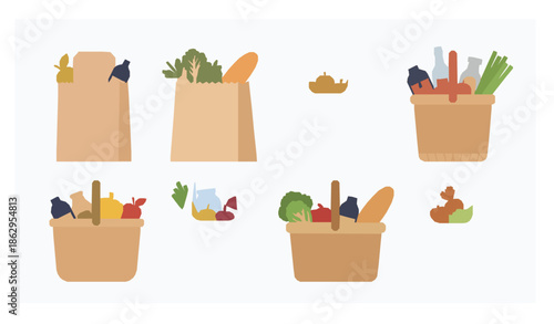Modern retail bags and baskets vector set with groceries flat illustration