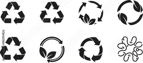 Black vector recycling symbols set including eco friendly arrows and leaves.eps