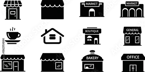 Collection of minimalist vector icons for various shops and buildings.eps