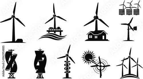 Diverse Black Silhouette Wind Turbines and Renewable Energy Icons Set.eps