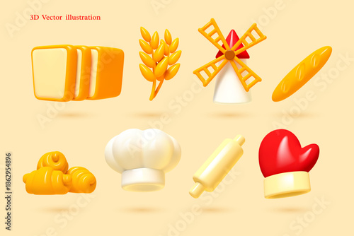 3D vector illustration of bakery icons bread, wheat, and chef hat. Smooth clay style for culinary menus and food apps. Professional kitchen graphics.