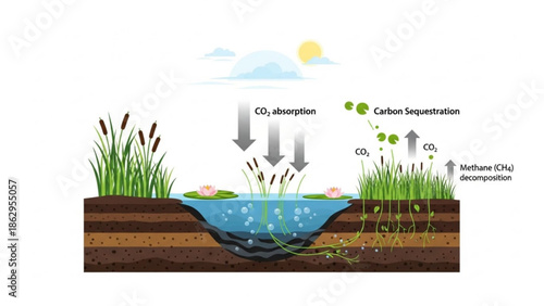 Wetland Ecosystem Carbon Sequestration Process Diagram