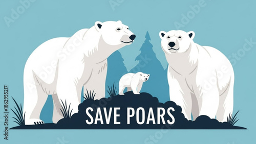 Polar Bears Family Standing on Iceberg with Save Poars Text, Environmental Awareness Illustration