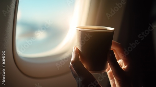 Hands holding coffee cup near airplane window with morning light. Travel, journey, sunrise, beverage, relaxation, flight, vacation, peaceful moment.