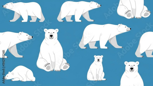 White Polar Bears on Blue Background, Isolated, Vector Illustration