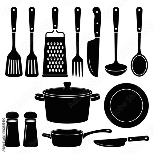 Collection of kitchen utensils including spoons, forks, knives, and cooking equipment items, clean vector illustration perfect for culinary design, restaurant branding, menus, and food-related graphic