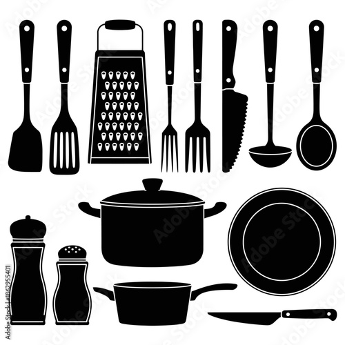 Collection of kitchen utensils including spoons, forks, knives, and cooking equipment items, clean vector illustration perfect for culinary design, restaurant branding, menus, and food-related graphic