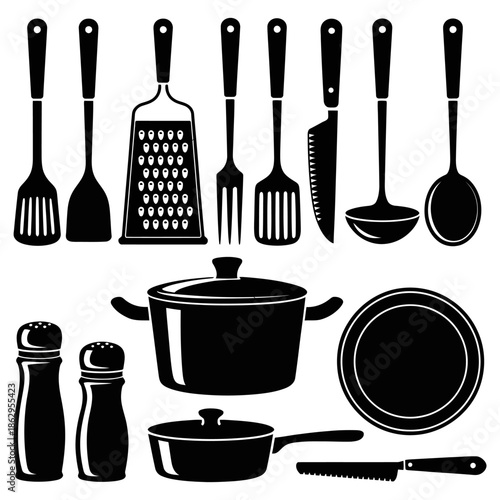 Collection of kitchen utensils including spoons, forks, knives, and cooking equipment items, clean vector illustration perfect for culinary design, restaurant branding, menus, and food-related graphic