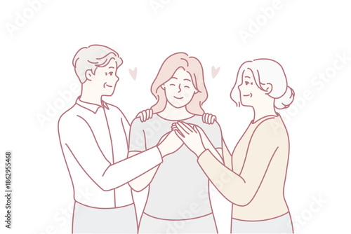 Happy elderly couple hugging grownup girl child showing love and care. Smiling old parents embrace cuddle adult woman. Family reunion. Vector illustration.