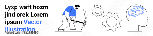 Industry, mental processes, work efficiency, problem-solving, innovation, human technology interaction. Man mining with pickaxe, gears and brain sketch. Industry and mental processes concept