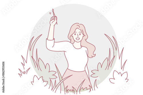 Smiling young woman painting beautiful nature recover from mental illness. Happy girl draw bright environment feeling optimistic and positive. Vector illustration.