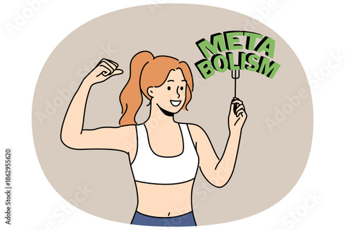 Slender woman with inscription metabolism is proud of own figure obtained through diet and fitness classes. Good metabolism allows girls to consume lot of calories and not gain weight