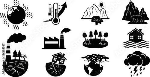 Environmental Issues Climate Change and Natural Disasters Black Vector Icons Set.eps