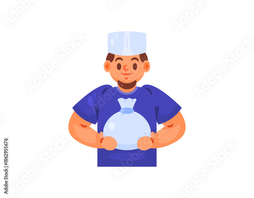 Illustration of a Muslim man holding a bag of rice. Giving zakat, alms, aid, donation. Adult male character with a beard. Wearing a Muslim cap. Expression, pose, or gesture. Flat style. White