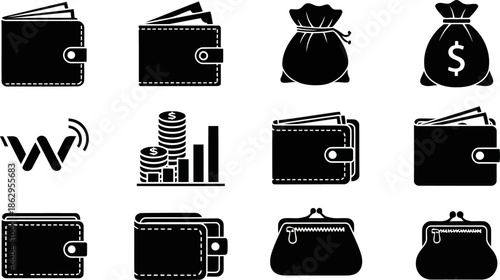 Finance and Money Vector Icons Wallets coins and bags Simple black silhouettes.eps