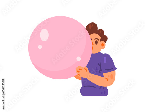Illustration of a man blowing a bubble of gum into a big bubble. Playing with gum. Sweet candy. Character of a man. Expression, pose or gesture. Flat style. White background.